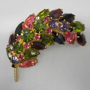 Broche Vintage Estrás Multicolor Rosa Púrpura Verde Negro Redondo Hoja Marquesa - Imagen 1 de 6