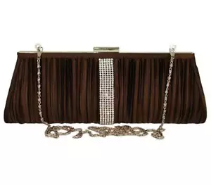 Brown Satin Pleated Crystal Evening Bag - Picture 1 of 3
