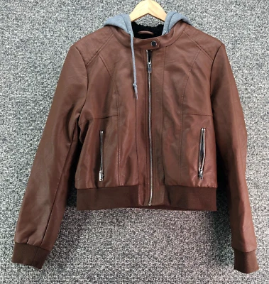 Sebby мотоциклиста Moto с капюшоном искусственной кожи куртка коричневый Sz L подростков женщин флис - Изображение 1 из 4