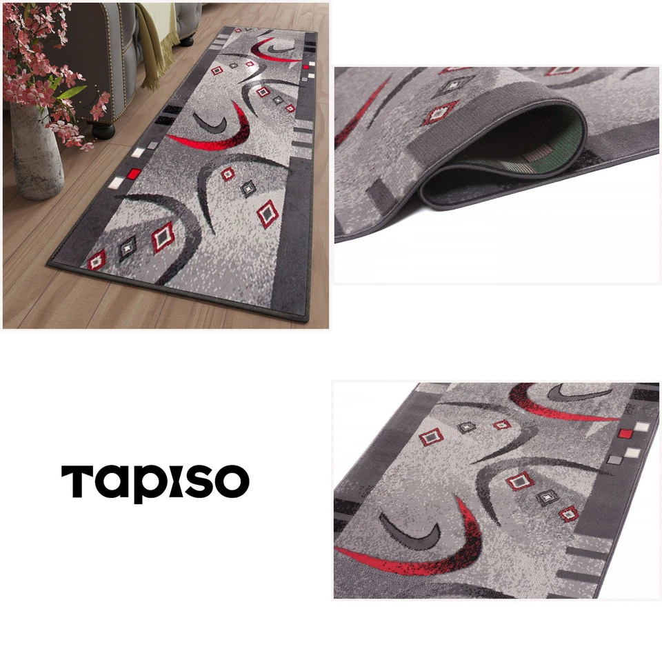 Teppichläufer Flur Wohnzimmer Meterware Modern Grau Rot Geometrische Muster - Bild 1 von 1