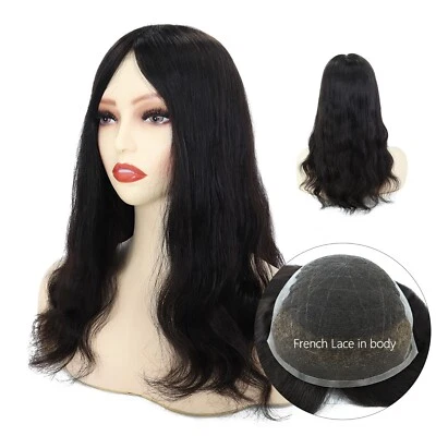 Women Topper Human Hair French Lace Top Pieces 7x9 Straight Black Hair 16'' Q6L - Image 1 of 4