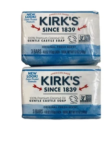Kirk's 100% Premium Coconut Oil Gentle Castile Original Fresh Scent Soap 6 Bars - Picture 1 of 6