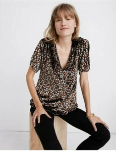 MADEWELL X X SMALL VELVET TULIP SLEEVE RUFFLE TOP PETITE BLOOMS BLACK V NECK  - Picture 1 of 8