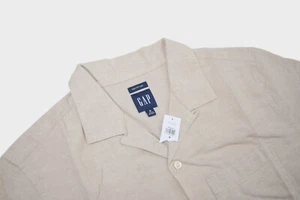 Gap Shirt Mens M Linen Blend Loop Collar Short Sleeve Button Up Khaki Summer - Picture 1 of 9