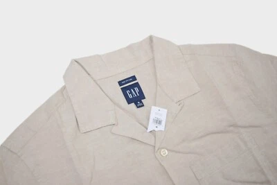 Gap Shirt Mens M Linen Blend Loop Collar Short Sleeve Button Up Khaki Summer - Image 1 of 4