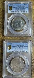 PCGS 1936-A 5 Mk Reichsmark J-360 & J-367 Third Reich Silver Germany LOT OF 2 - Picture 1 of 4