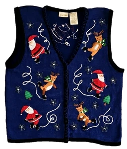 Bobbie Brooks Weihnachten blau XL Strick Pullover Weste Weihnachtsmann & Rentier Eislaufen - Bild 1 von 18