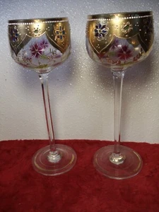 VINTAGE CZECH 8" WINE GLASSES BEAUTIFULLY IN GOLD & COLOR DESIGNS PAIR - Picture 1 of 6