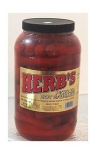 Herbs RED HOT Pickled Sausage 1 Gal. Jar 39 Count Beef & Chicken No Pork Jersey - Picture 1 of 6