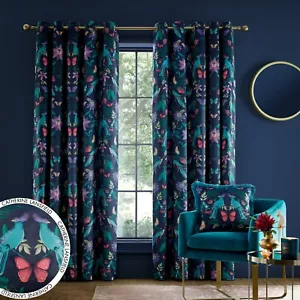 Catherine Lansfield Mya Tropical Birds Fully Lined Eyelet Curtains Pair Navy - Picture 1 of 68