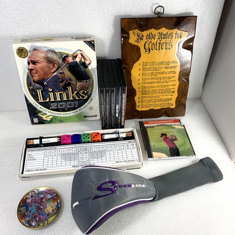 Lot of 11 Golf Items, Game, Plate, DVD, Dices, Golfers Plaque, Club Cover Cover