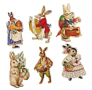 Vintage Look Easter Bunny Wooden Pendants Spring Easter Tree Decor Six Figurines - Picture 1 of 10