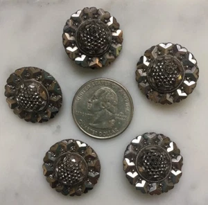 Vintage Buttons 5 Black Antique Victorian Lustre Glass 3 Leaf Clover Flower - Picture 1 of 7