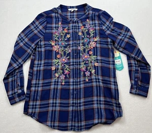 The Pioneer Woman Blouse Embroidered Flowers Blue Plaid Button Front New Small - Picture 1 of 12