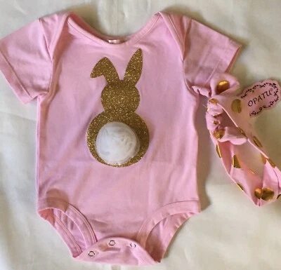 Camisa coelho tamanho 6 9 meses nova com etiquetas rosa Páscoa 3D ouro tiara boutique - Imagem 1 de 4