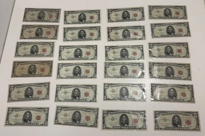 Lot of 24 - Five Dollar Bill US Red Seal Note $5 Currency Circulated 1963 1953 - Image 1 of 4