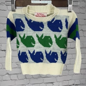 Maglione vintage Fall River Knitting Mills blu e verde balene made in USA taglia 3T - Foto 1 di 7