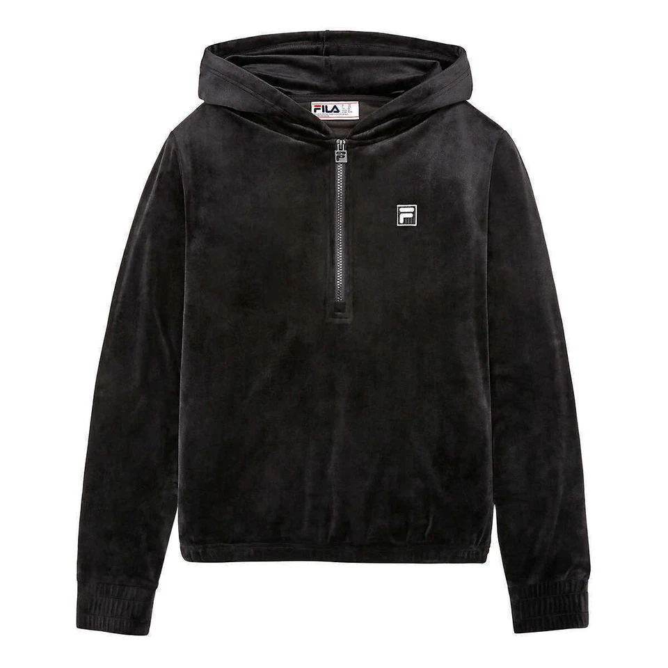 FILA Black Velour 1/4 Zip Long Sleeve Hoodie Womens Size Small