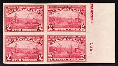 US 373 2c Hudson-Fulton Mint Imperf Plate Margin Block #5394 XF OG NH SCV $180 - Image 1 of 2