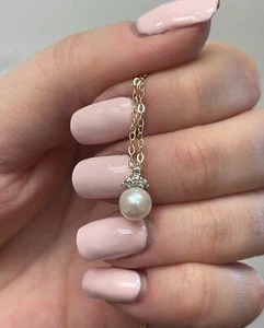 14K Yellow Gold Pearl & Round Diamond Pendant Necklace 18" - Picture 1 of 4