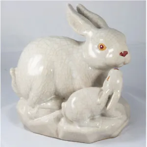 Vintage Raku Pottery Rabbit / Hare with Young. Crackle Glaze, Painted Eyes - Picture 1 of 6