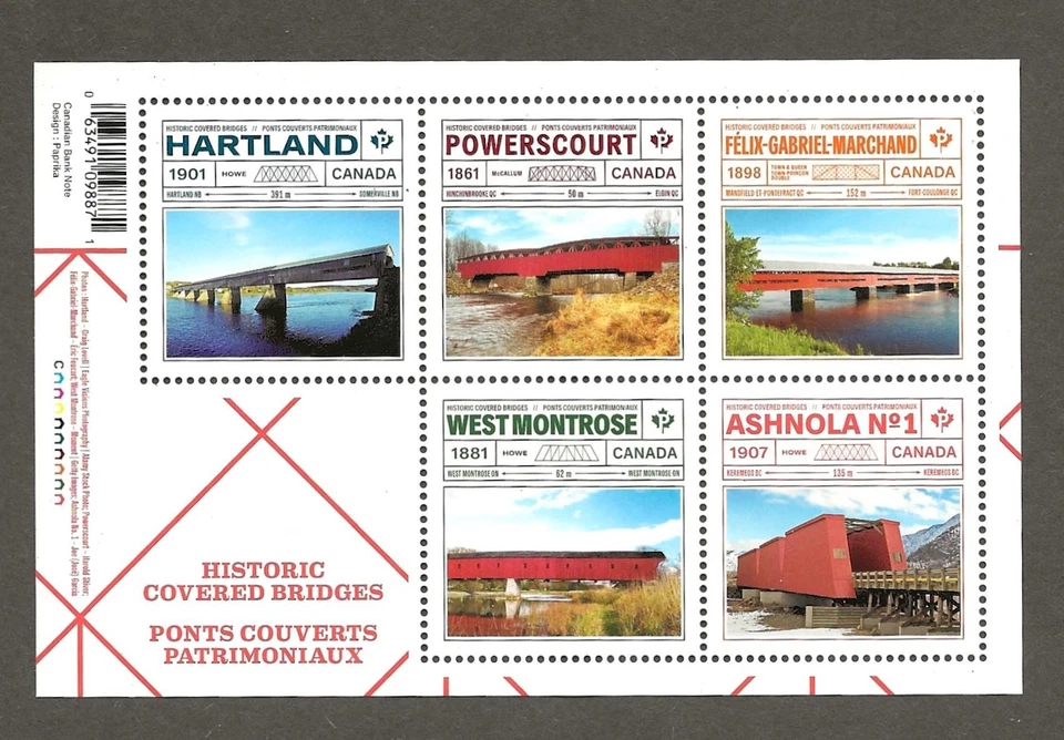 Canada mint never hinged 3180, covered bridges, sheet of 5 - Image 1 of 1