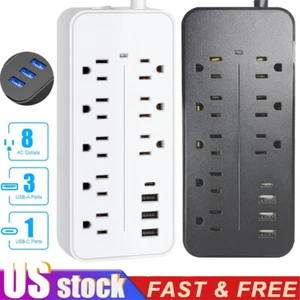 US Power Strip Surge Protector 8 AC Outlets 3 USB Ports + Type C Port 4 FT Cable - Picture 1 of 14