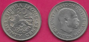 SIERRA LEONE 20 CENTS 1964 UNC 1 YEAR TYPE,LION WALKING LEFT,HEAD OF SIR MILTON - Picture 1 of 1