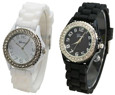 White,Black 2 Pack Geneva Crystal Rhinestone Face Silicone Jelly Band watch - Image 1 of 4