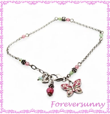 Brighton Flutter 蝴蝶粉色绿色串珠脚链 — 第 1/4 张图片