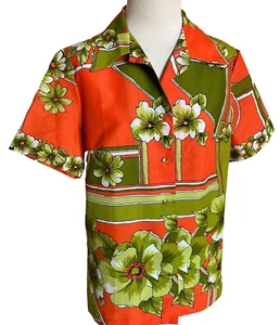 Vintage Hawaiian Shirt Top Blouse Womens Large Orange Green Floral Retro 1970s - Picture 1 of 11