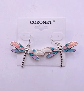 Orecchini pendenti libellula smaltata gancio francese tono argento Coronet 1” x 1,5” NUOVI - Foto 1 di 4