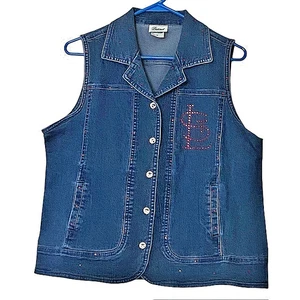 Women's St. Louis Cardinals Denim Vest Red Rhinestone Logo & Trim Buttons Sz L - Picture 1 of 13