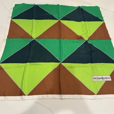 Vintage Yves Saint Laurent Silk Scarf Green Brown Lime 31”x 31” YSL Geometric - Image 1 of 4