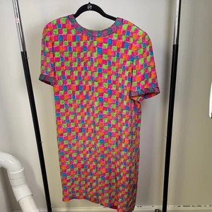 Bill Blass seltenes Vintage buntes geometrisches Seiden Perlen Etuikleid Größe 16 - Bild 1 von 7