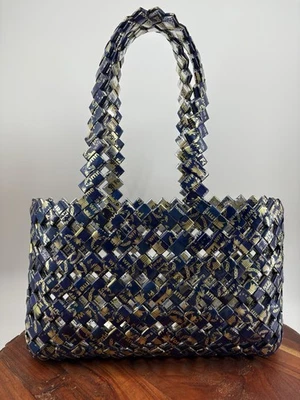 Bolso de Hombro Cartera Envoltura de Caramelos Reciclado DE COLECCIÓN Y2K Hecho a Mano Azul Plata Dorado Foto 1 de 4