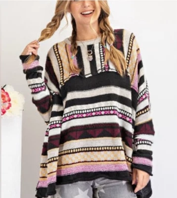 Easel Crochet Oversized Sweater Colorful Boxy Boho Hippie Women's Size MEDIUM - Image 1 of 4