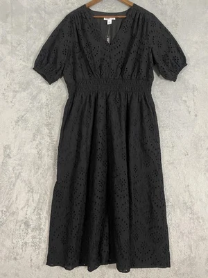 NUEVO CON ETIQUETAS WHBM Vestido Talla L Negro Manga Abullonada Ojales Midi Forrado Bolsillos Cottagecore Foto 1 de 4
