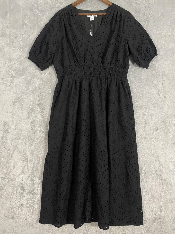 NUEVO CON ETIQUETAS WHBM Vestido Talla L Negro Manga Abullonada Ojales Midi Forrado Bolsillos Cottagecore Foto 1 de 4