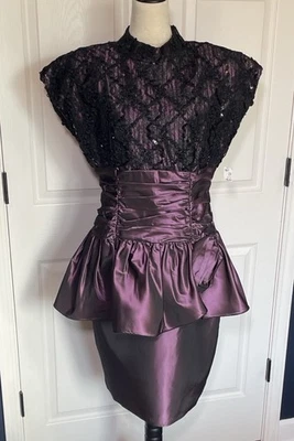 NWT Vintage Stenay Black and Purple Midi Taffeta Lace Sequin Dress Size 14 - Image 1 of 4