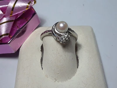 Estate 5.5mm Natural Cultured Pearl & White Sapphire Swirl 10Kt W/Gold Ring#9878 - Image 1 of 4