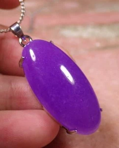 Fashion Genuine Lavender Purple Jade Cabochon White Gold Plated Pendant Necklace - Picture 1 of 7