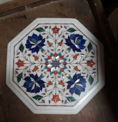 12" White antique Marble Table Top Fancy Coffee Center Inlay Moasic Blue Lapis - Image 1 of 4