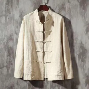 Mens Tops Shirts Long Sleeve Chinese Cotton Linen Vintage Kung Fu Regular Blouse - Picture 1 of 17