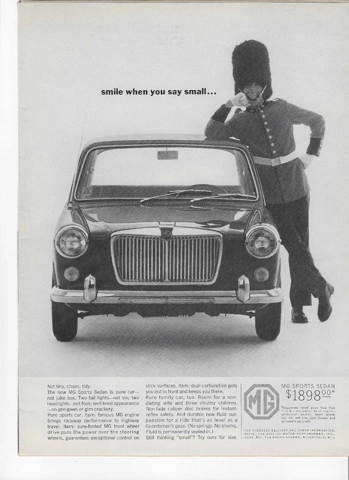 Original 1964 MG Sports Sedán Vintage anuncio impreso: "Sonríe cuando dices pequeño... Foto 1 de 1