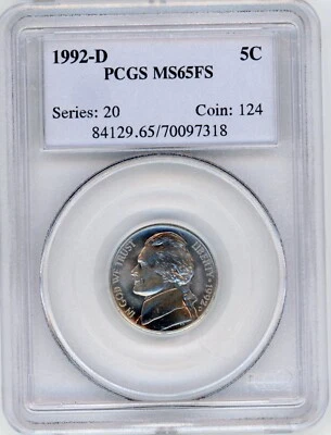 1992-D Jefferson Nickel 5c PCGS  MS65FS Pleasing light gold toning - Image 1 of 2