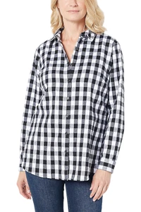 Joan Rivers Buffalo Check Boyfriend Shirt w/ Tulip Back Detail Blk/Wht - Picture 1 of 1