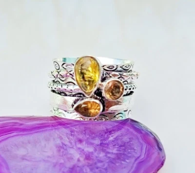 Anillo giratorio de citrino amarillo sólido de plata de ley 925 hecho a mano anillo único joyería Foto 1 de 4