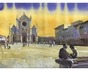 Painting of Florence, Italy church at sunset. Church of Santa Croce art (print) - Picture 1 of 11