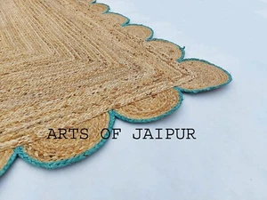 Jute Scalloped Sky Blue Area Rug Living Room Bed room Outdoor Yoga mat 4x6 9x12 - Picture 1 of 7